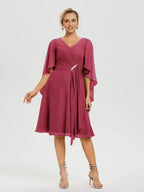 A-Line V Neck Ruffle Sleeves Knee Length Mother of the Bride Dress