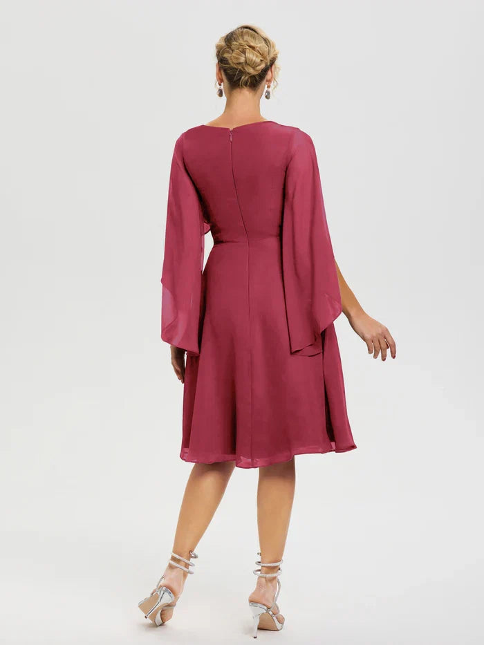 A-Line V Neck Ruffle Sleeves Knee Length Mother of the Bride Dress