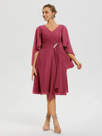 A-Line V Neck Ruffle Sleeves Knee Length Mother of the Bride Dress