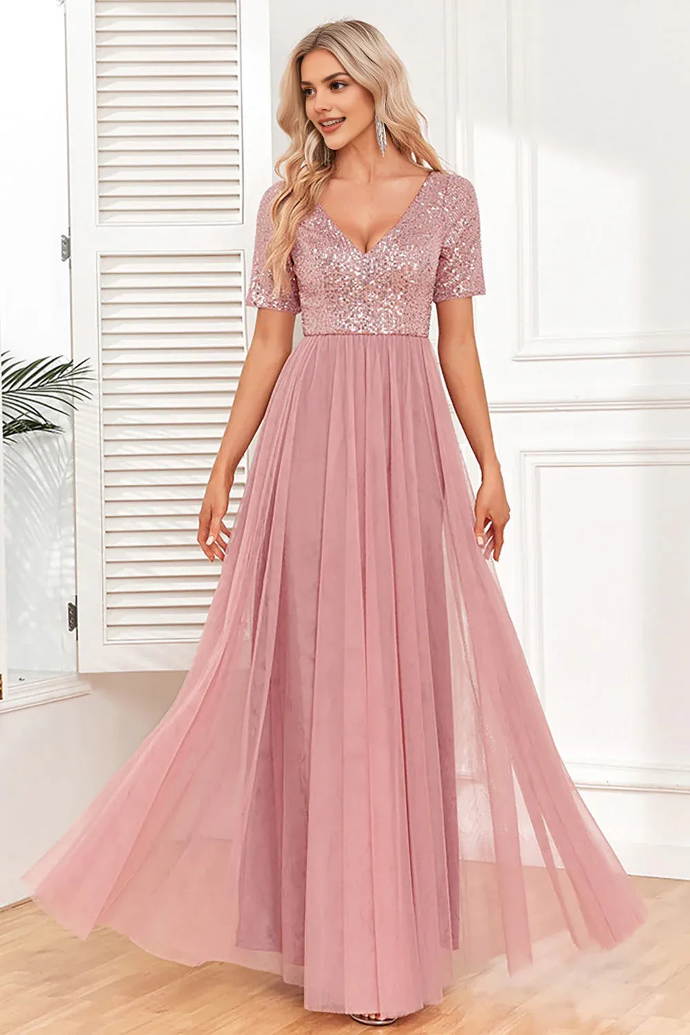 A-Line V Neck Short Sleeves V Back Floor-Length Mother of the Bride Dress