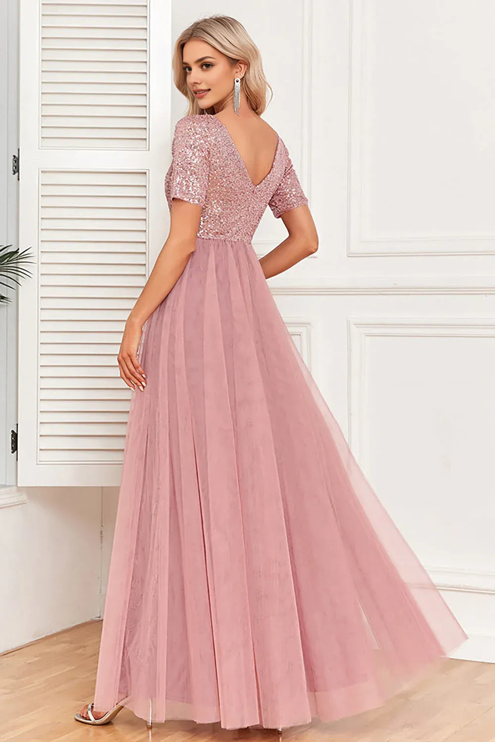 A-Line V Neck Short Sleeves V Back Floor-Length Mother of the Bride Dress