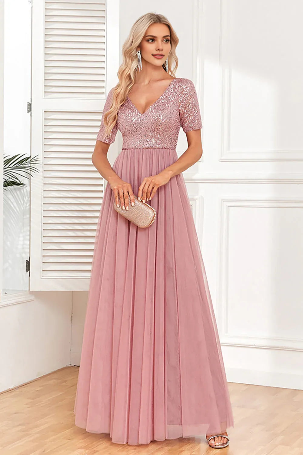 A-Line V Neck Short Sleeves V Back Floor-Length Mother of the Bride Dress