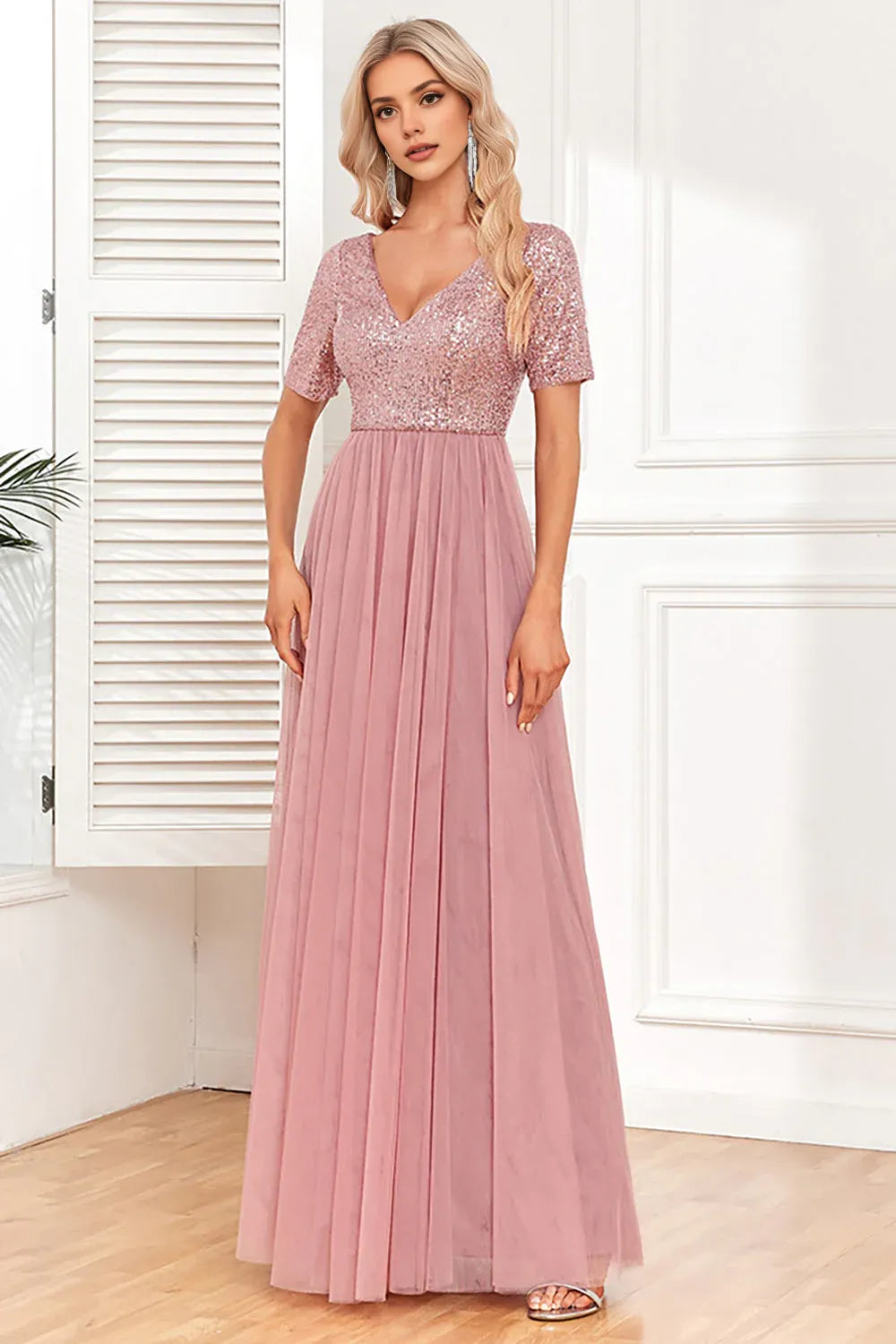 A-Line V Neck Short Sleeves V Back Floor-Length Mother of the Bride Dress