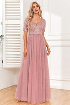 A-Line V Neck Short Sleeves V Back Floor-Length Mother of the Bride Dress