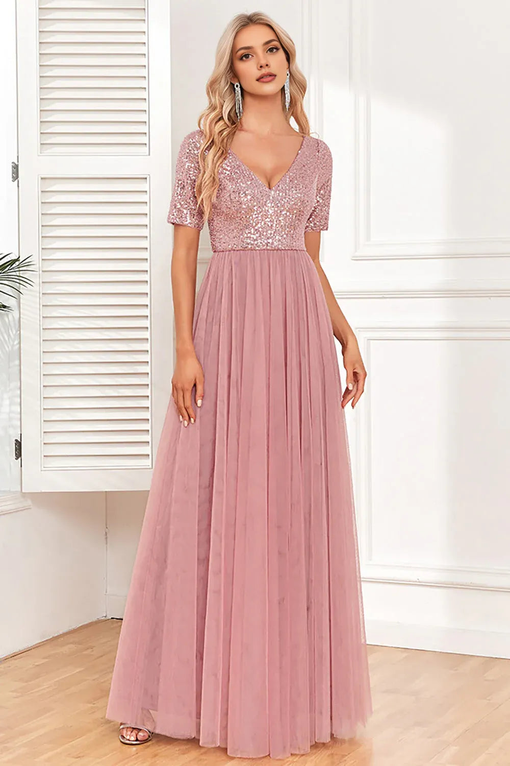 A-Line V Neck Short Sleeves V Back Floor-Length Mother of the Bride Dress