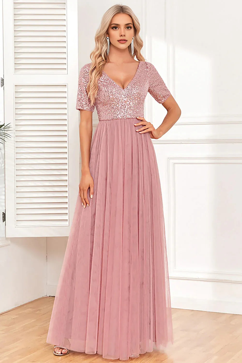 A-Line V Neck Short Sleeves V Back Floor-Length Mother of the Bride Dress