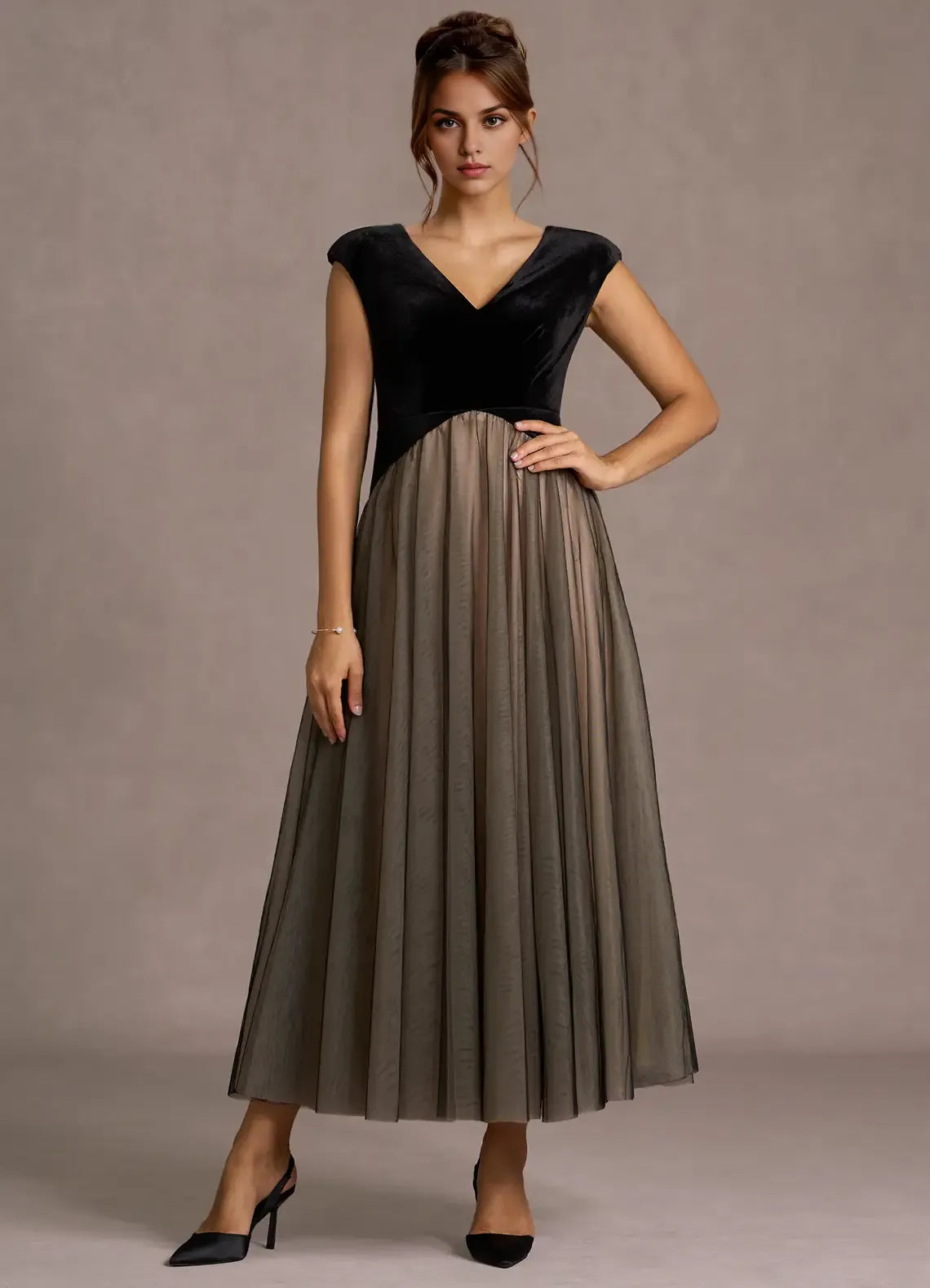 A-Line V Neck Sleeveless Back Zip Ankle-Length Evening Dress