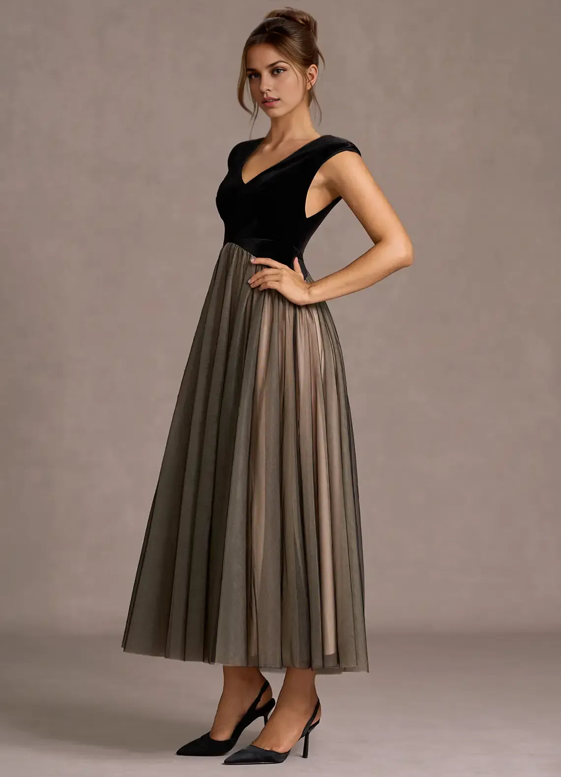 A-Line V Neck Sleeveless Back Zip Ankle-Length Evening Dress
