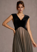 A-Line V Neck Sleeveless Back Zip Ankle-Length Evening Dress