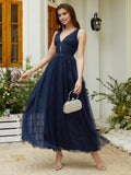 A-Line V Neck Sleeveless Back Zip Ankle-Length Evening Dress