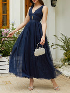 A-Line V Neck Sleeveless Back Zip Ankle-Length Evening Dress