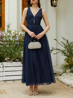 A-Line V Neck Sleeveless Back Zip Ankle-Length Evening Dress