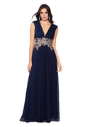 A-Line V Neck Sleeveless Backless Floor-Length Prom Dress