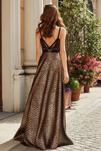 A-Line V Neck Sleeveless Leopard Print Floor-Length Prom Dress