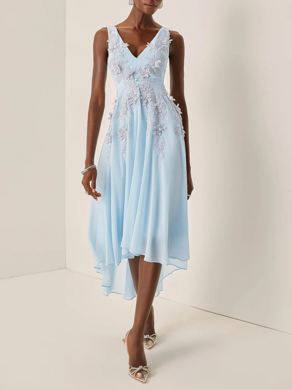 A-Line V Neck Sleeveless Zipper Up Asymmetric-Length Prom Dress