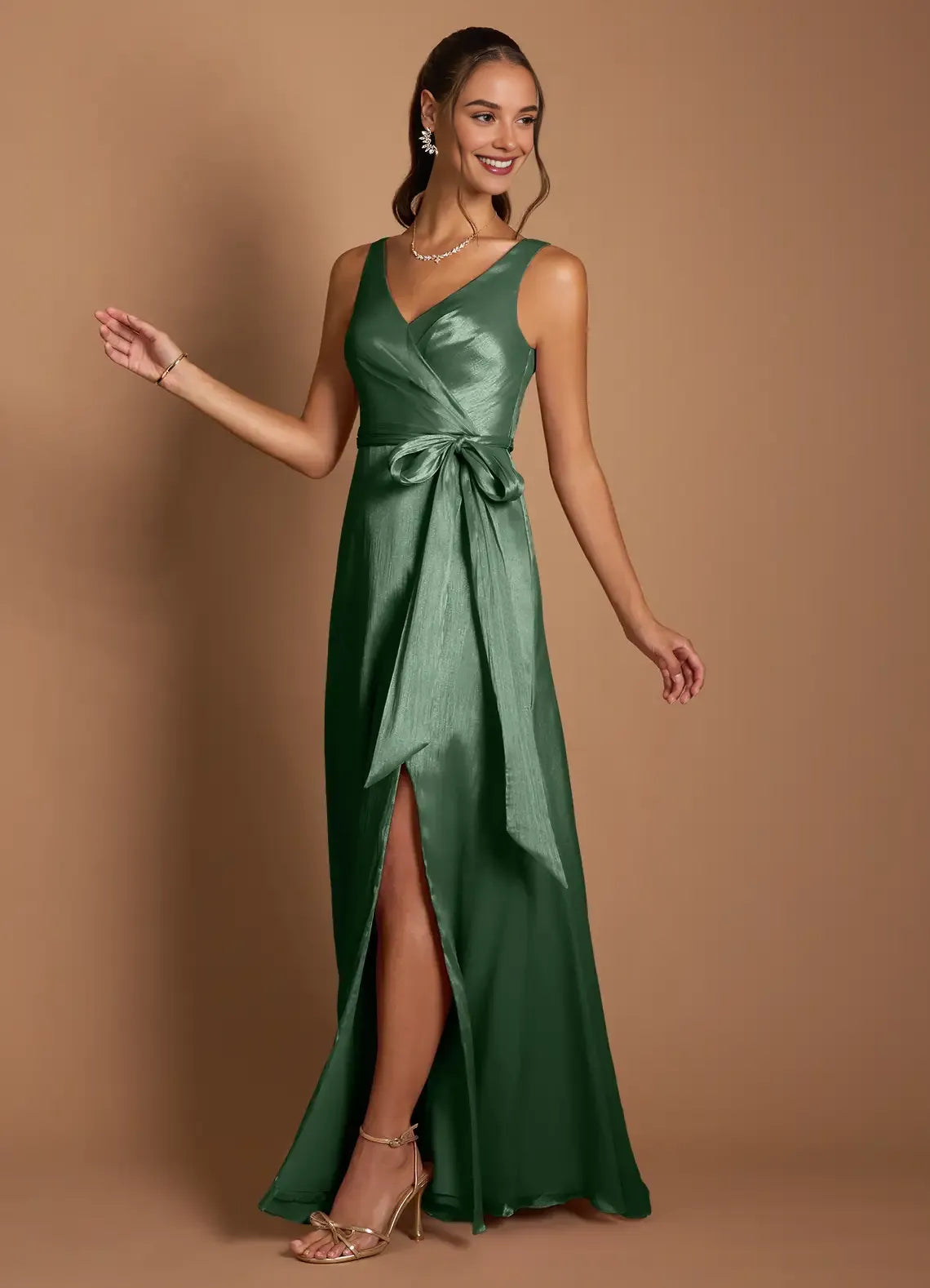 A-Line V Neck Sleeveless Zipper Up Floor-Length Evening Dress