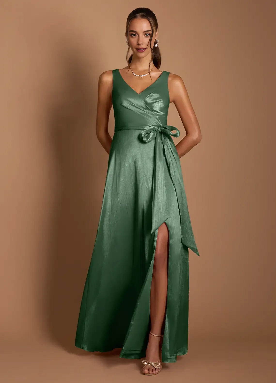 A-Line V Neck Sleeveless Zipper Up Floor-Length Evening Dress