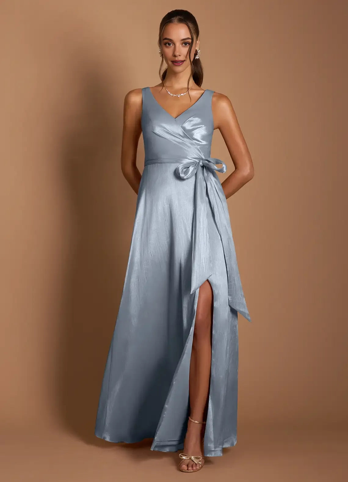 A-Line V Neck Sleeveless Zipper Up Floor-Length Evening Dress