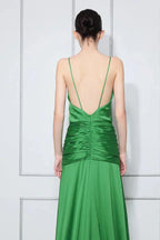 Green Satin Prom Dress With V Neck Spaghetti Straps Ruched Waist A Line Open Back For Prom Night Glamorous