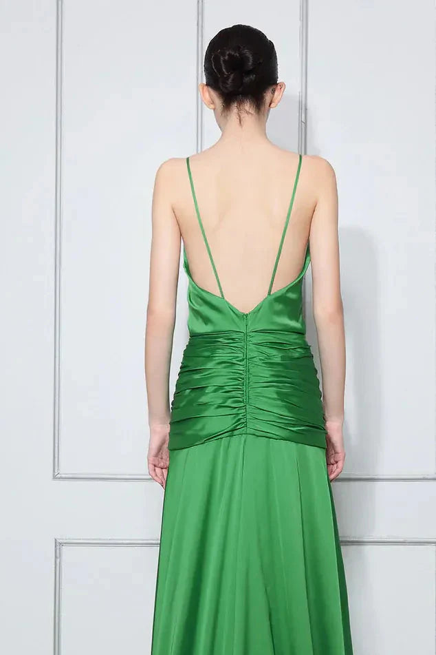Green Satin Prom Dress With V Neck Spaghetti Straps Ruched Waist A Line Open Back For Prom Night Glamorous