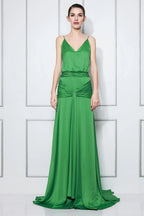 Green Satin Prom Dress With V Neck Spaghetti Straps Ruched Waist A Line Open Back For Prom Night Glamorous