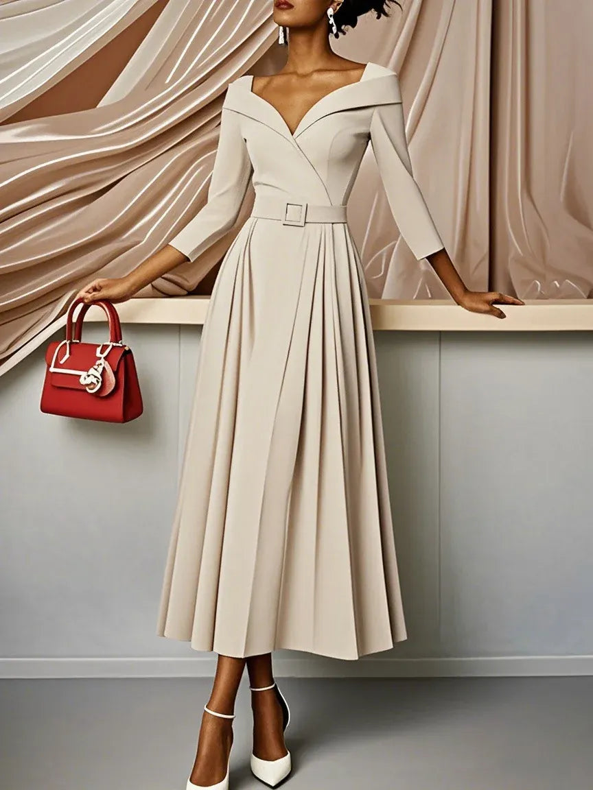 A-Line V Neck Three Quarter Sleeve Back Zip Tea-Length Evening Dress