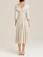 A-Line V Neck Three Quarter Sleeve Back Zip Tea-Length Evening Dress