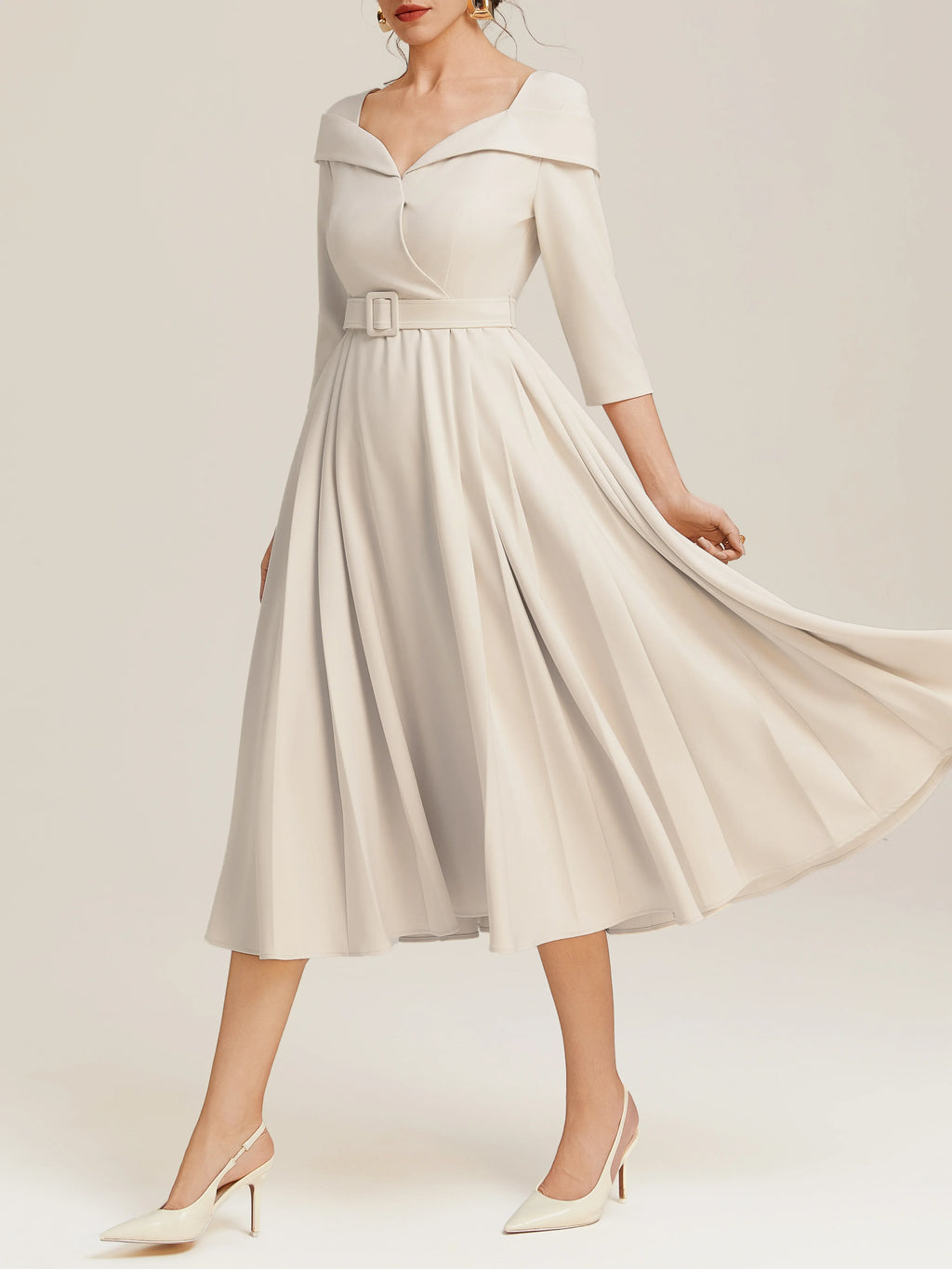 A-Line V Neck Three Quarter Sleeve Back Zip Tea-Length Evening Dress