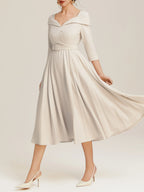 A-Line V Neck Three Quarter Sleeve Back Zip Tea-Length Evening Dress