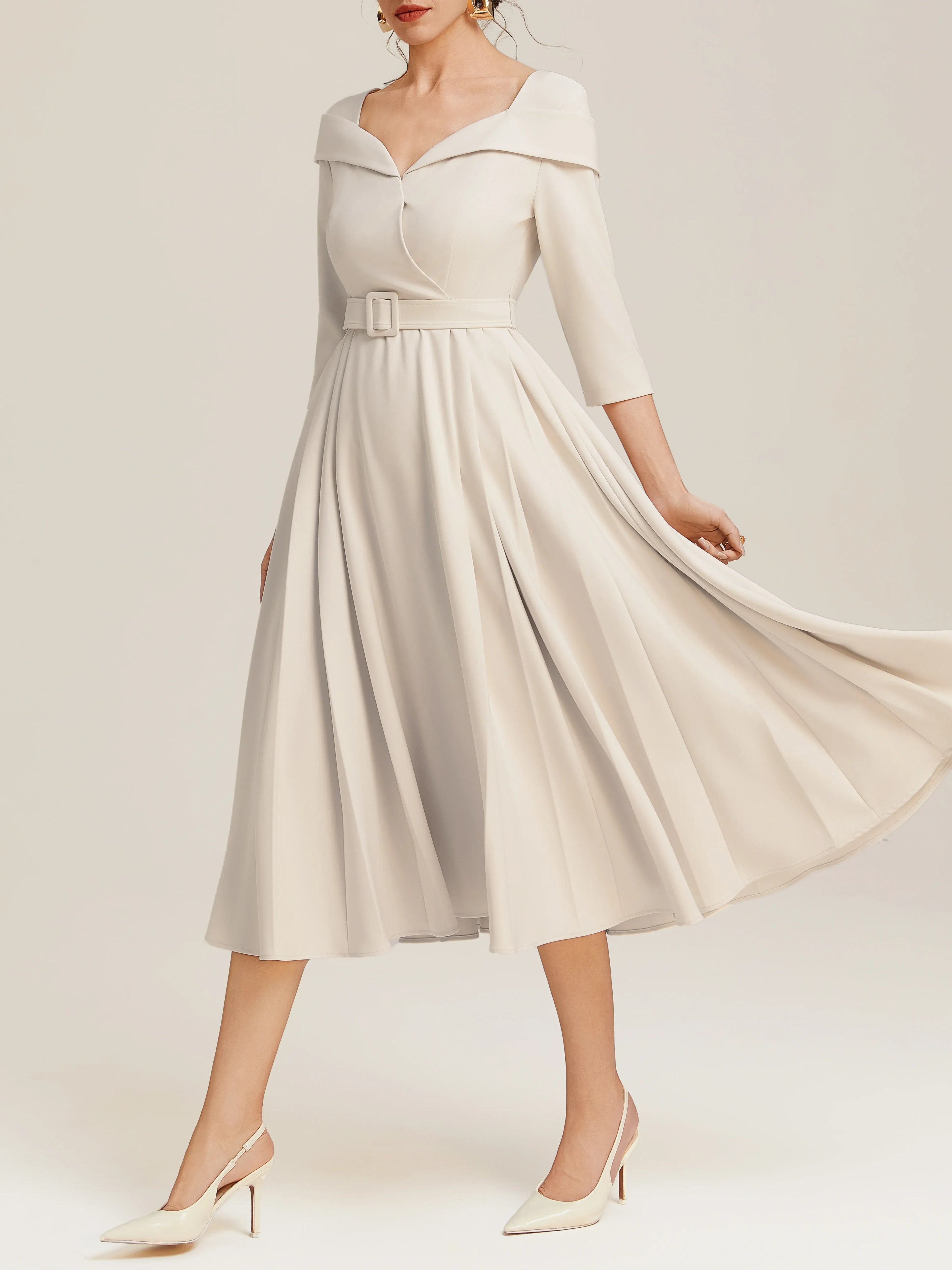A-Line V Neck Three Quarter Sleeve Back Zip Tea-Length Evening Dress