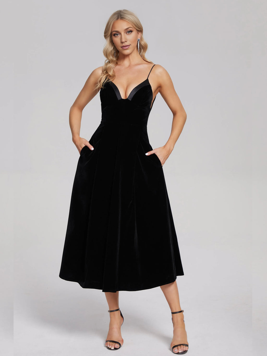 A-Line&Princess V Neck Sleeveless Backless Tea-Length Prom Dress