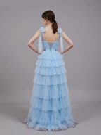 A-line Bow Strap Lace-up Tiered Maxi Prom Dress