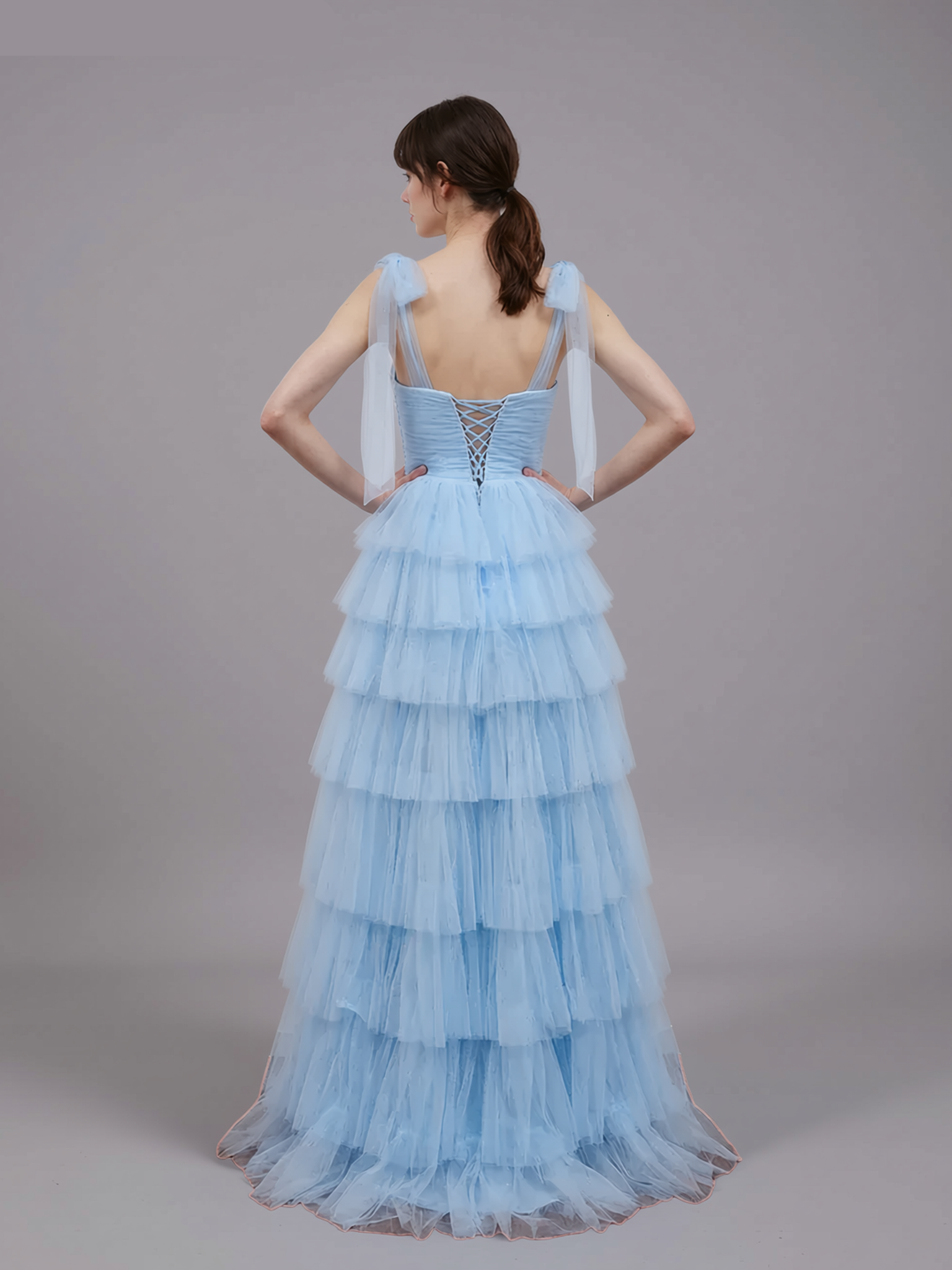 A-line Bow Strap Lace-up Tiered Maxi Prom Dress