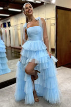 A-line Bow Strap Lace-up Tiered Maxi Prom Dress