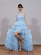 A-line Bow Strap Lace-up Tiered Maxi Prom Dress