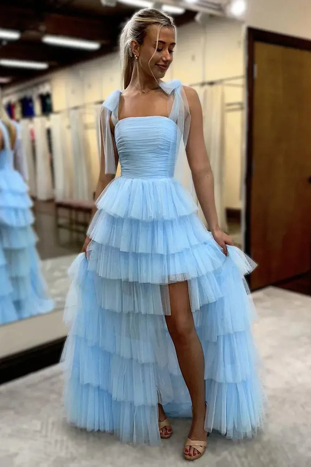 A-line Bow Strap Lace-up Tiered Maxi Prom Dress