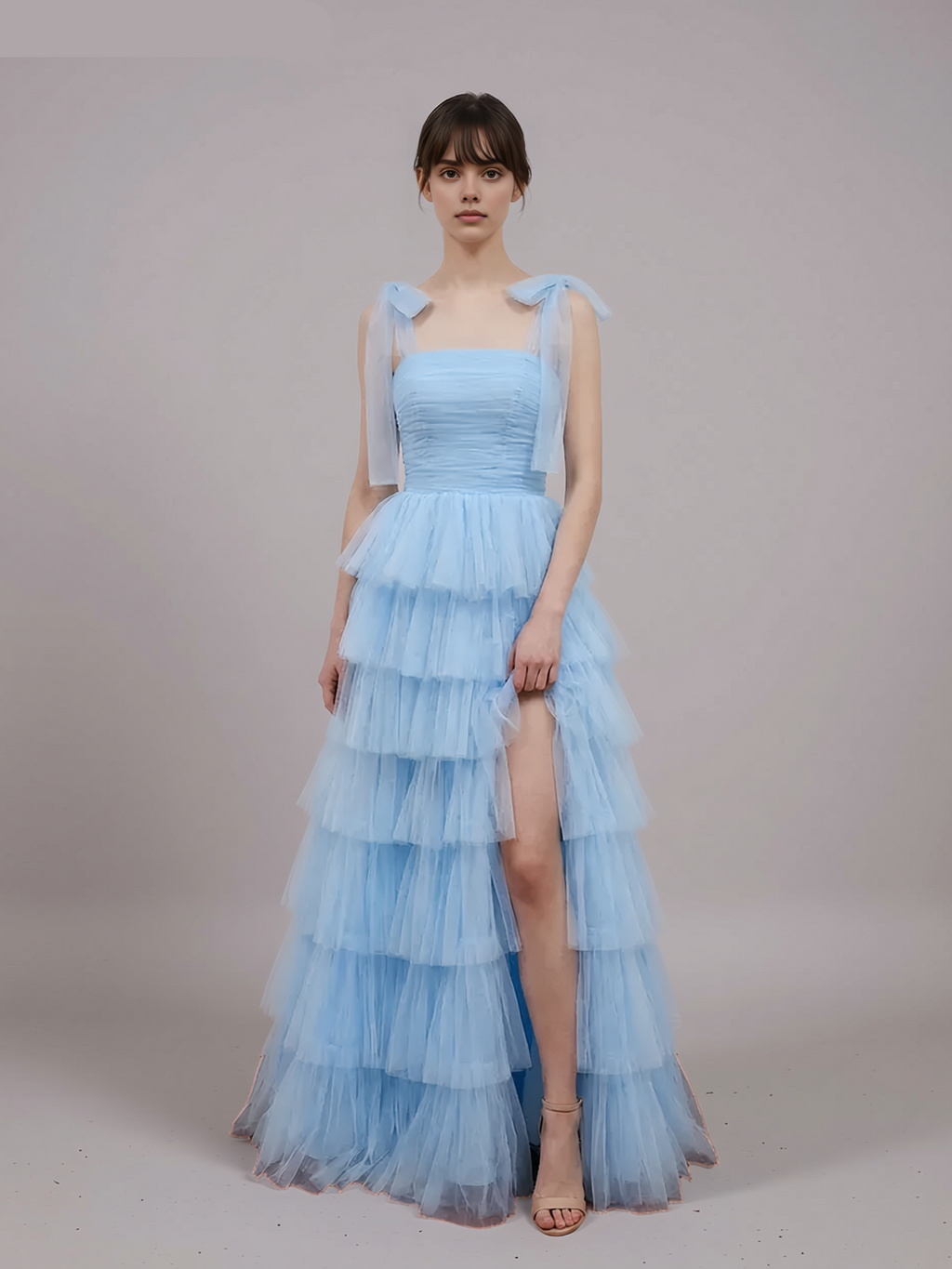 A-line Bow Strap Lace-up Tiered Maxi Prom Dress
