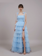 A-line Bow Strap Lace-up Tiered Maxi Prom Dress