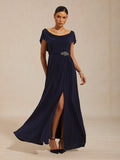Elegant A-line Cowl Neck Cap-sleeve Ruched Navy Blue Maxi Prom Dress for Women Ready to Ship