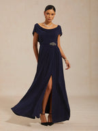Elegant A-line Cowl Neck Cap-sleeve Ruched Navy Blue Maxi Prom Dress for Women Ready to Ship