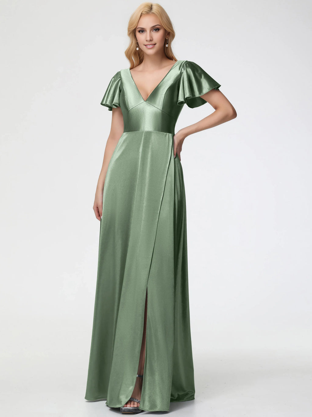 A-line Deep V-Neck Short Sleeves Backless Floor-Length Prom Dress