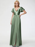 A-line Deep V-Neck Short Sleeves Backless Floor-Length Prom Dress