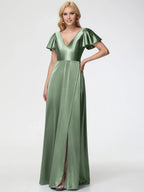 A-line Deep V-Neck Short Sleeves Backless Floor-Length Prom Dress