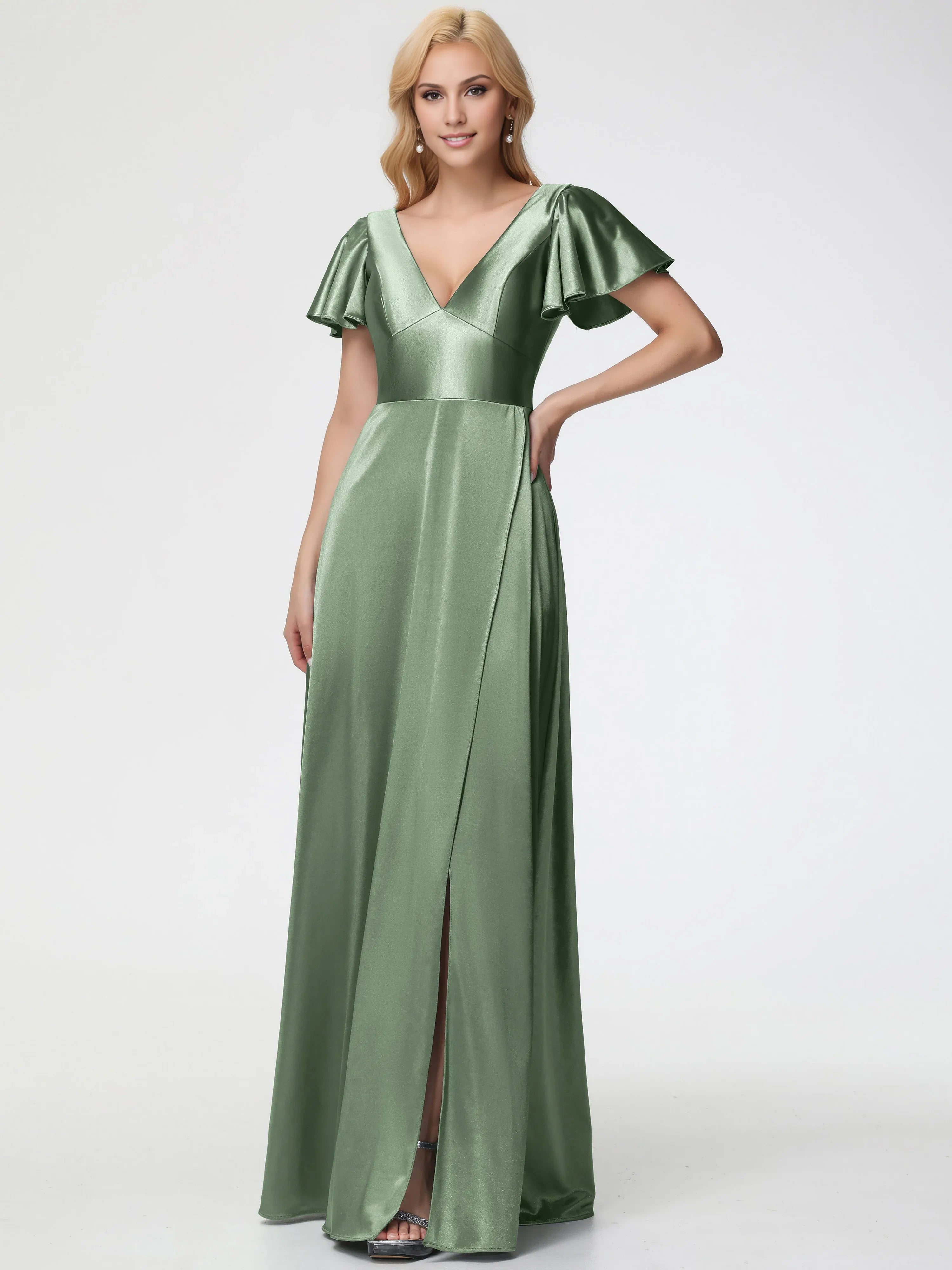 A-line Deep V-Neck Short Sleeves Backless Floor-Length Prom Dress