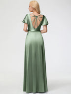 A-line Deep V-Neck Short Sleeves Backless Floor-Length Prom Dress