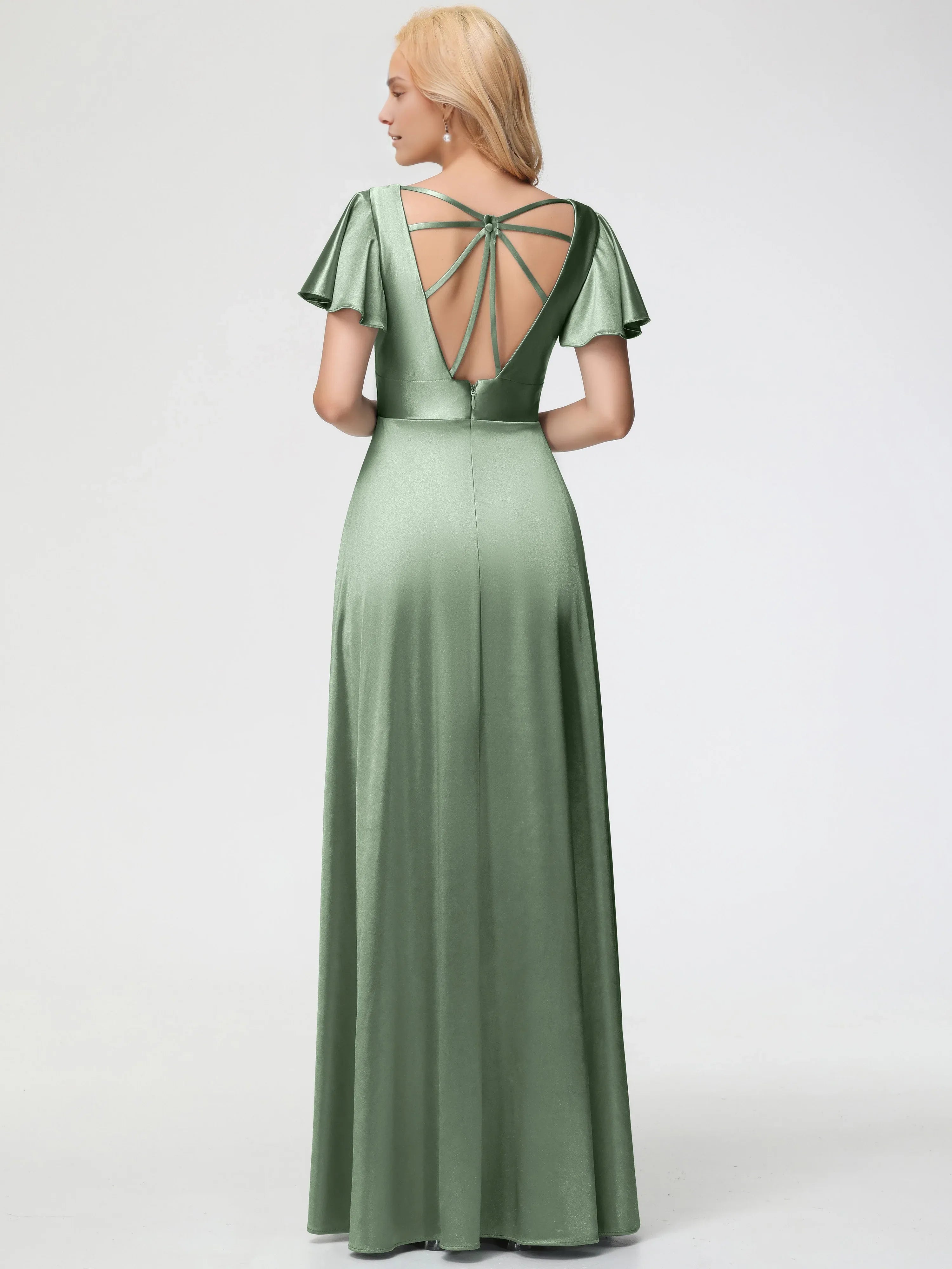 A-line Deep V-Neck Short Sleeves Backless Floor-Length Prom Dress