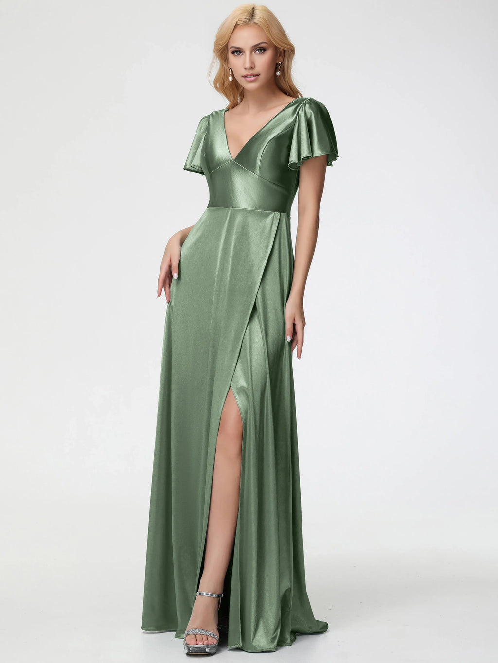 A-line Deep V-Neck Short Sleeves Backless Floor-Length Prom Dress