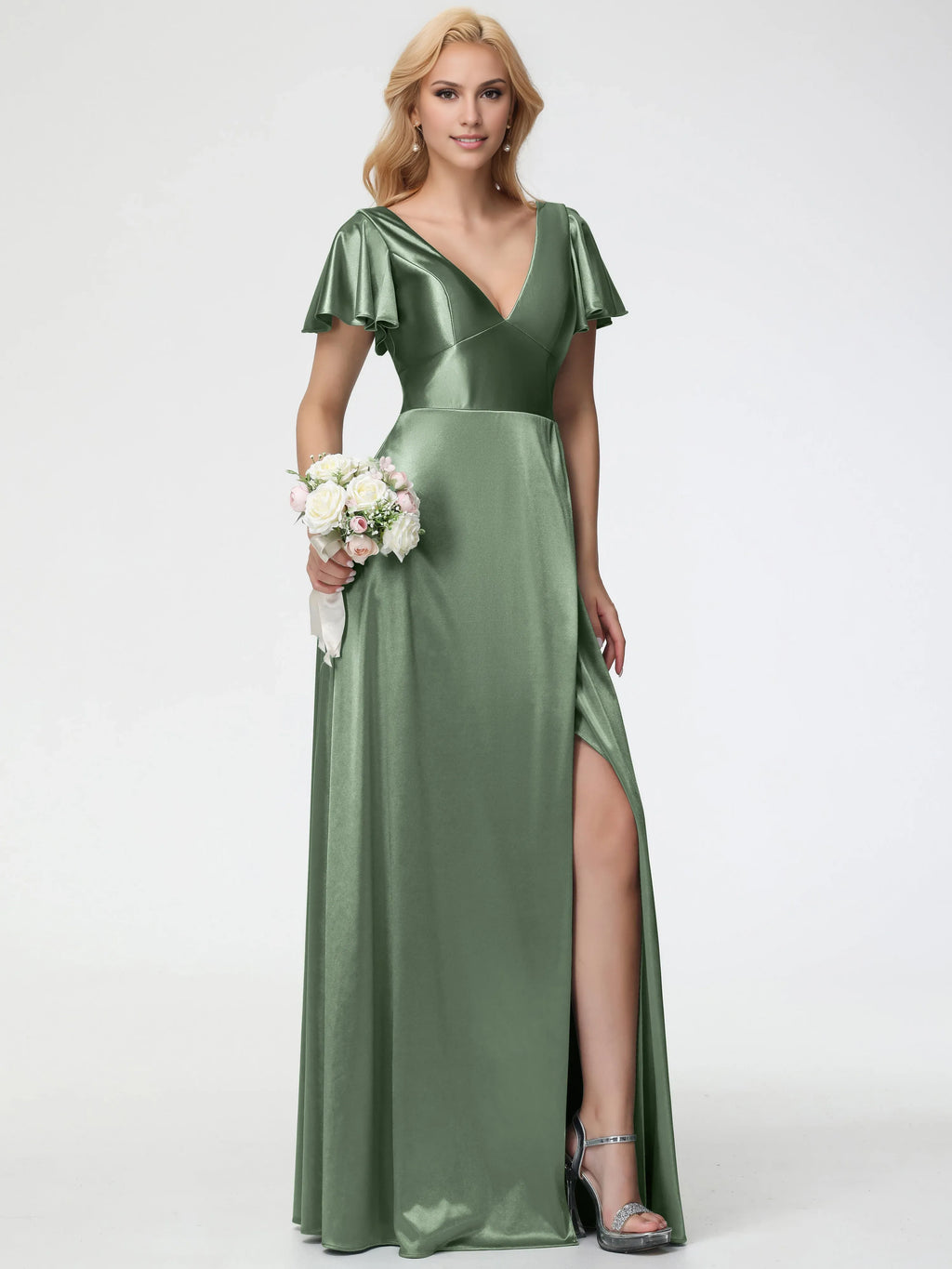 A-line Deep V-Neck Short Sleeves Backless Floor-Length Prom Dress