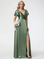A-line Deep V-Neck Short Sleeves Backless Floor-Length Prom Dress