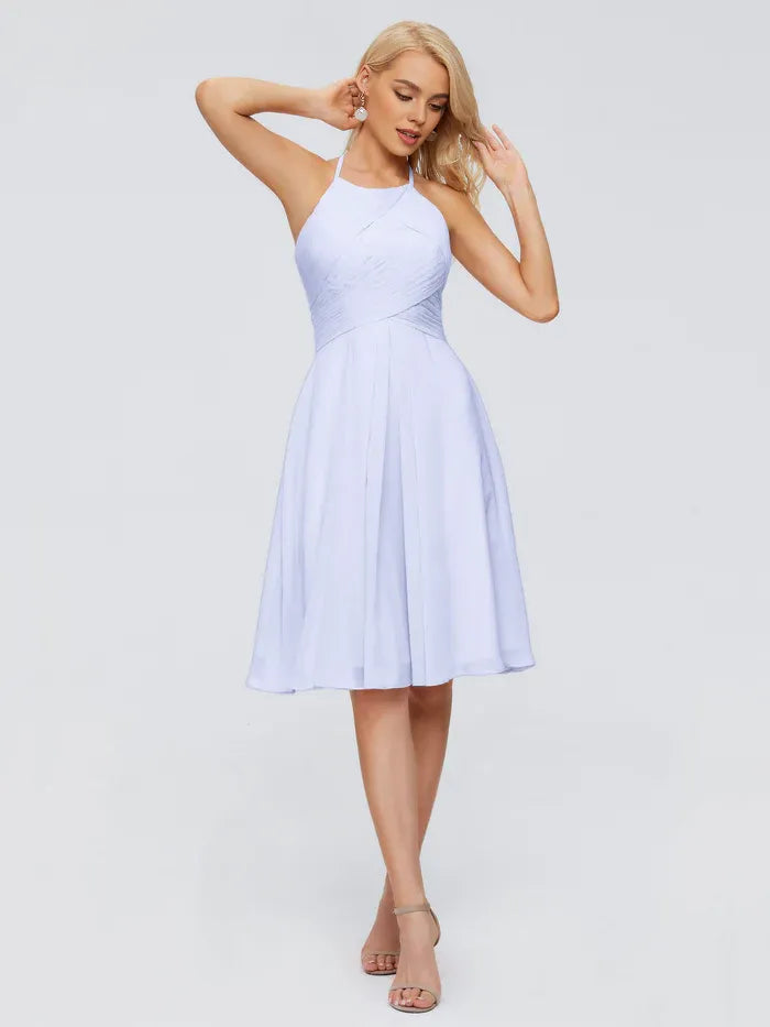 Elegant A-line Halter Neck Sleeveless Pleated Chiffon Knee Length Bridesmaid Dress